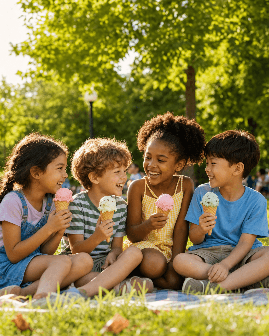 Happy children enjoying ice cream together in a park